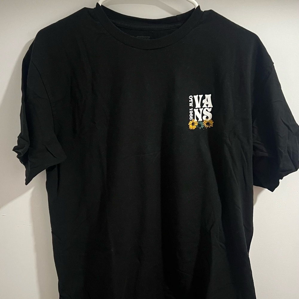 Vans Black Crewneck Tee with White Logo and Yellow Sunflower
